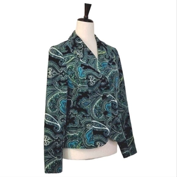 Talbots Teal Paisley Patterned Velvet Stretch Buttoned Blazer Size 4 - Picture 2 of 9